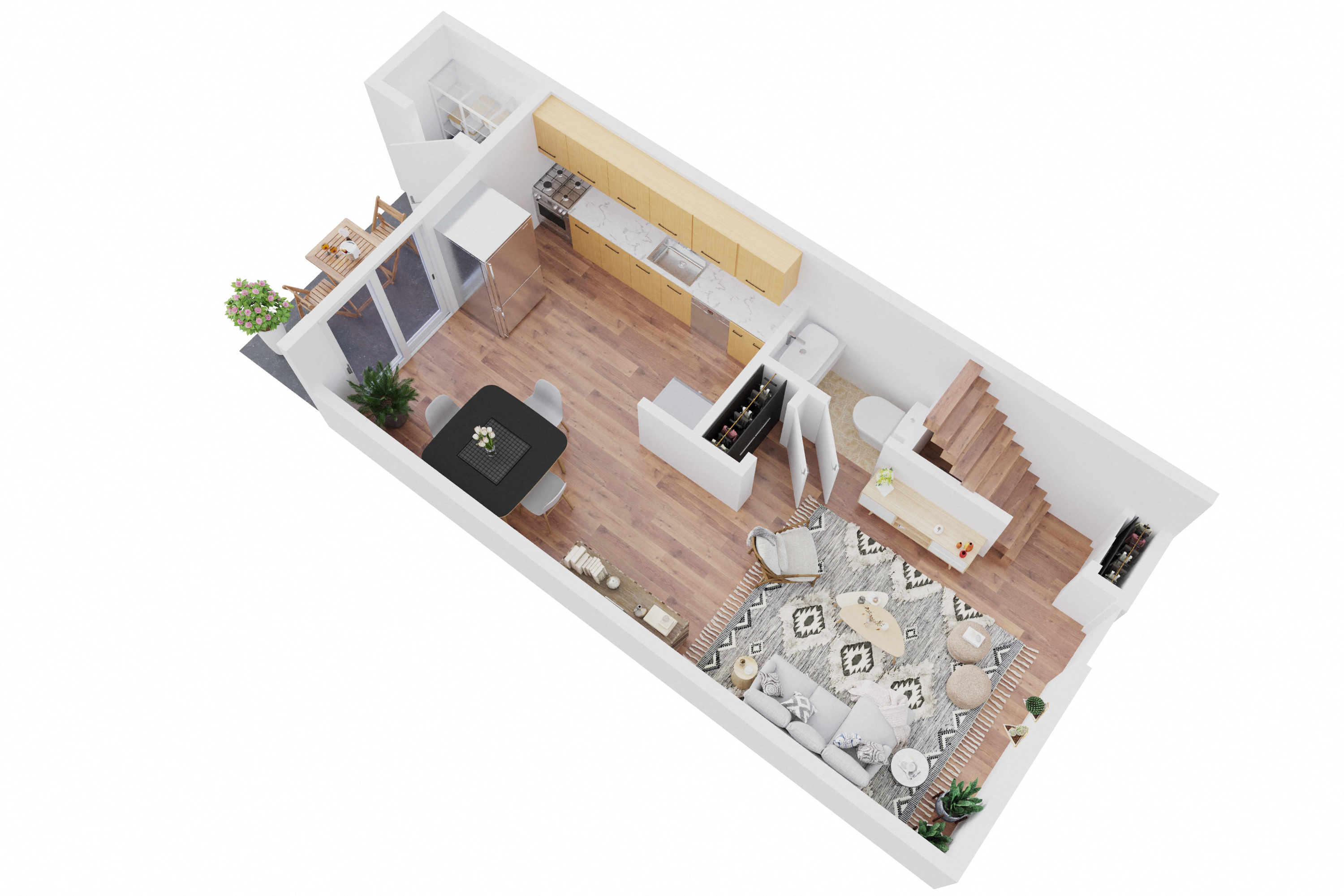 Floor plan for 2 beds, 1.5 baths, 975 sqft